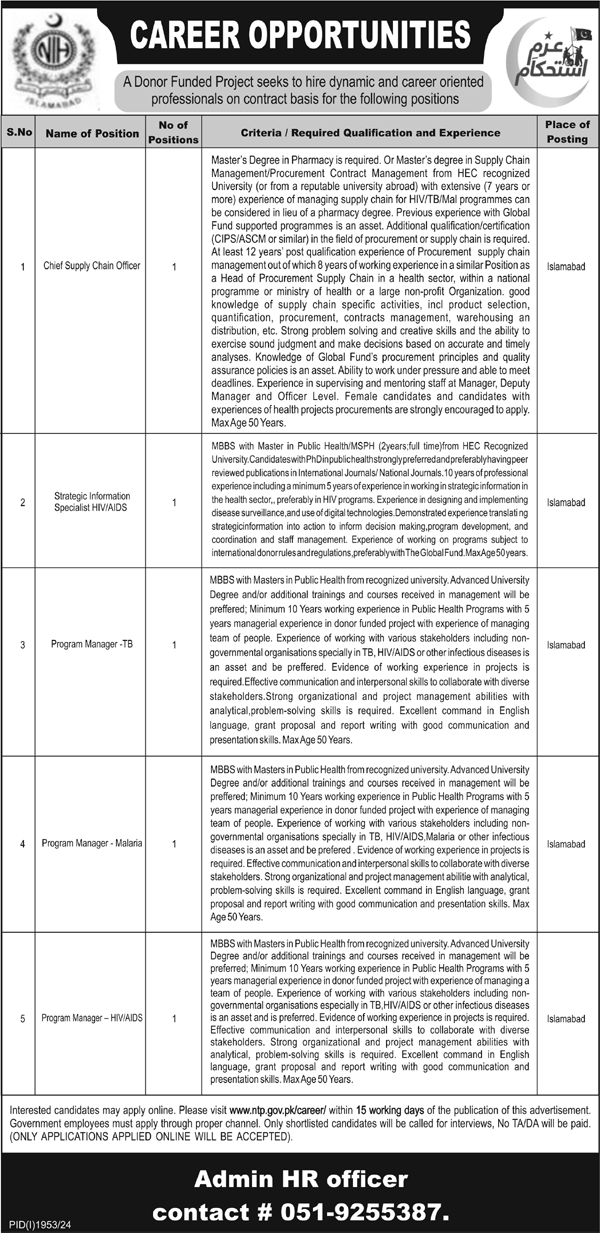 Latest NTP National TB Control Program Jobs 2024 Islamabad Advertisement