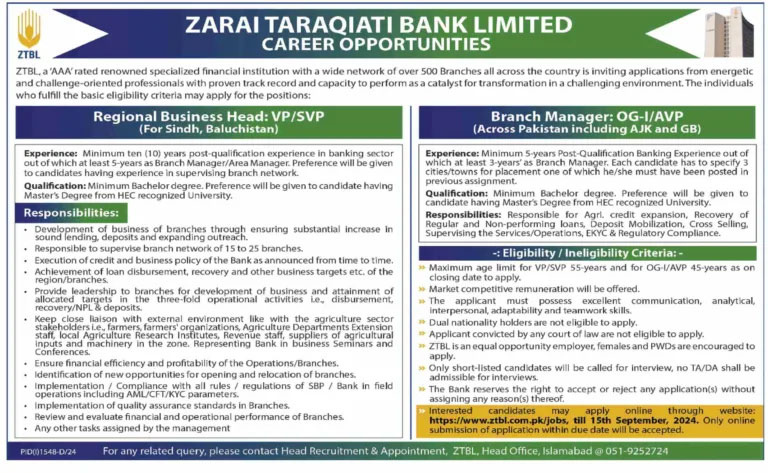 Zarai Taraqiati Bank Limited ZTBL Jobs 2024 Advertisement