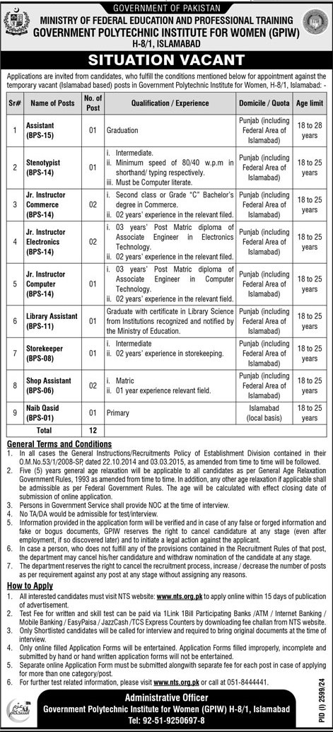 Federal Education Ministry  in Islamabad Jobs 2024 Apply Online Advertisement