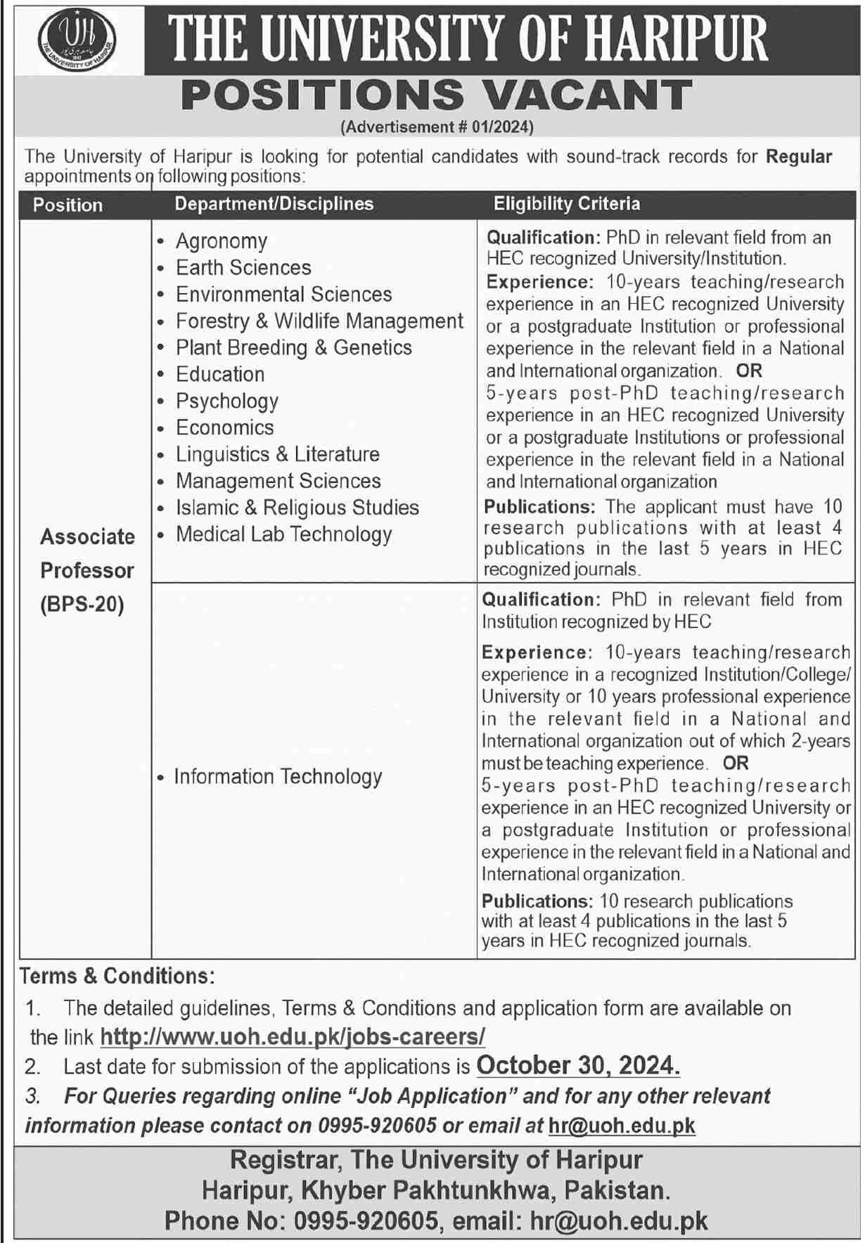 University of Haripur Jobs 2024 Apply Online Advertisement