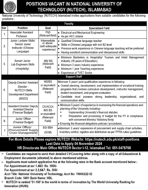 National University of Technology NUTECH Jobs 2024 Apply Online Advertesement 