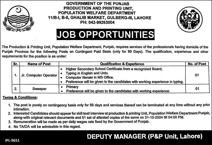 Population Welfare Department Jobs 2024 Advertisement